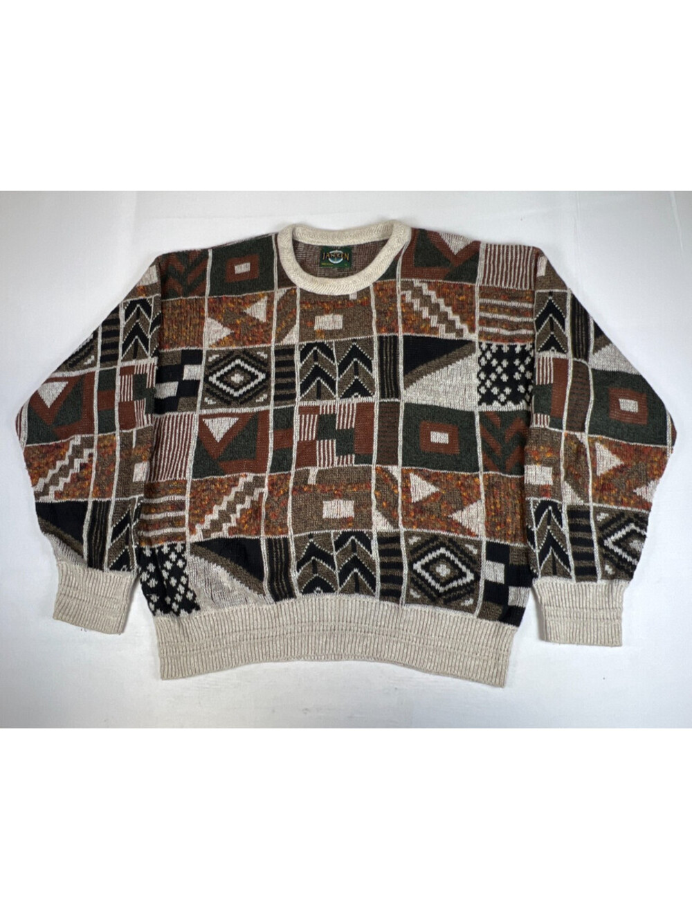 Jantzen Men XL Sweater Brown Multi Geometric Pattern Crewneck USA Vintage